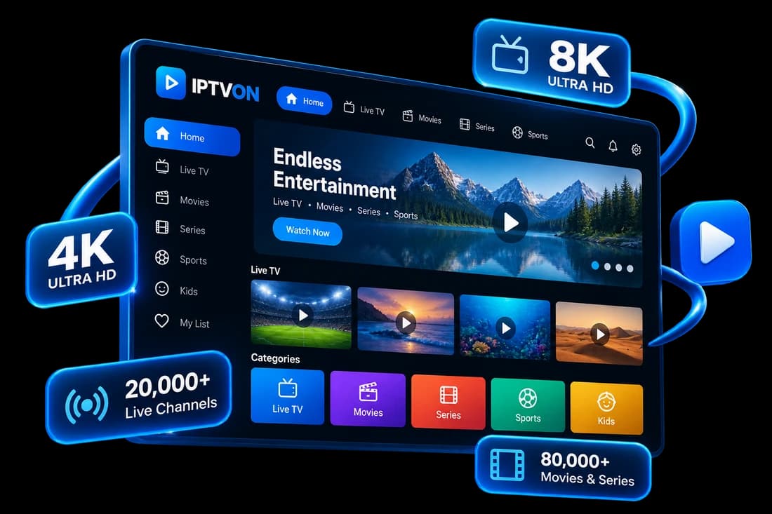 IPTVON streaming interface preview showing live TV, movies, series, and sports categories in 4K and 8K